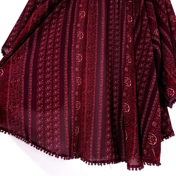 URBAN OUTFITTERS Ecote Boho Pom Pom Chiffon Kimono Cover up Boho Burgundy Red XS - Picture 8 of 8